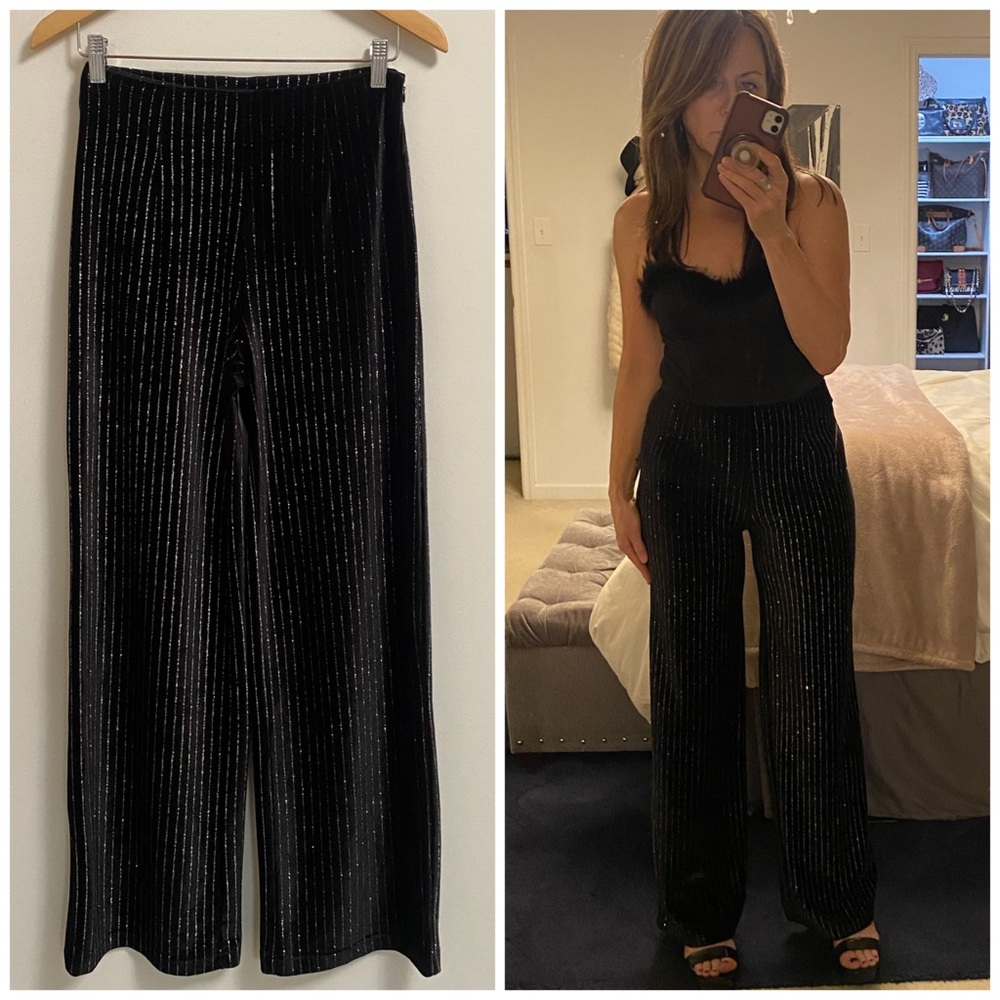 Black Velvet Wide-Leg Pants with Silver Metallic Pinstripes SMALL